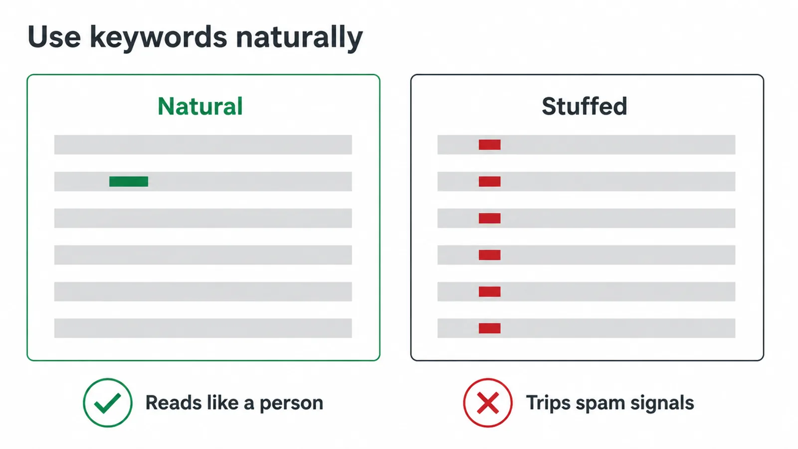 Two panels compare one natural keyword mention with the same phrase stuffed into every line.