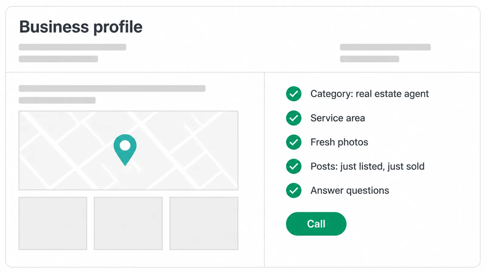 A simple business profile panel with a checklist of category, service area, photos, posts and questions.