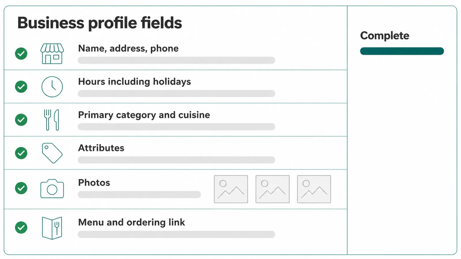 Checklist mockup of six business profile fields to complete, from name and address through to the menu link.