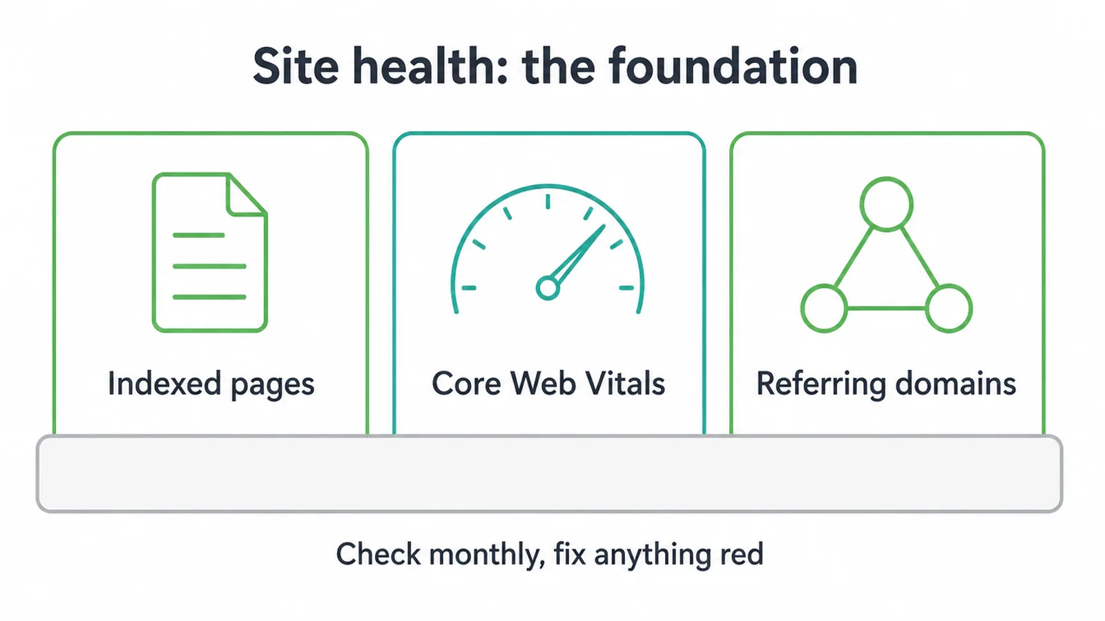 Diagram of three site health metrics: indexed pages, Core Web Vitals and referring domains.