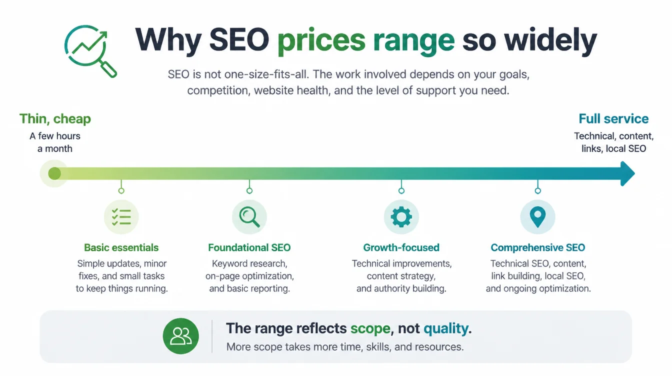 Infographic showing an SEO price spectrum from thin and cheap on the left to full service on the right.