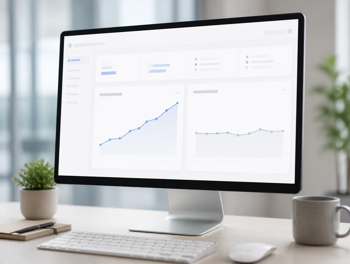 A printed line chart compares a rising paid ads cost curve against a flattening SEO cost curve over twelve months.