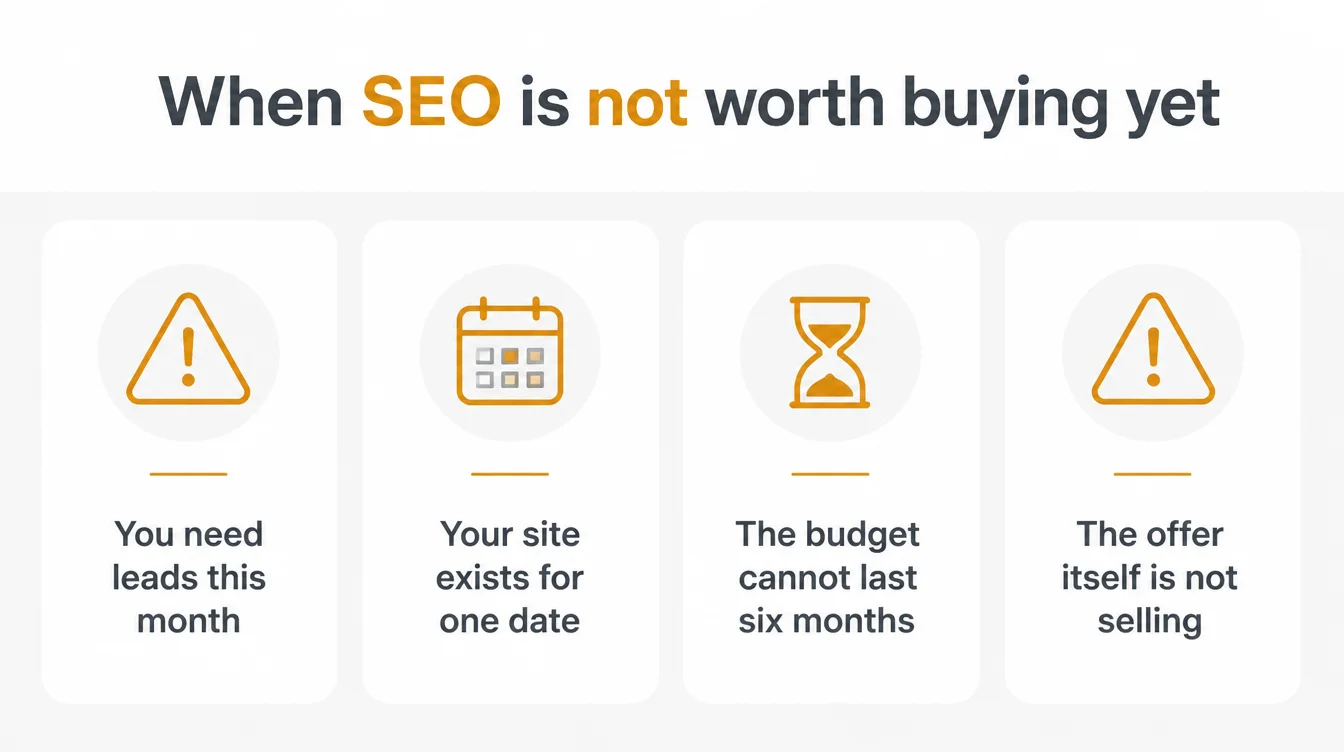 Infographic titled When SEO is not worth buying yet, showing four cases: you need leads this month