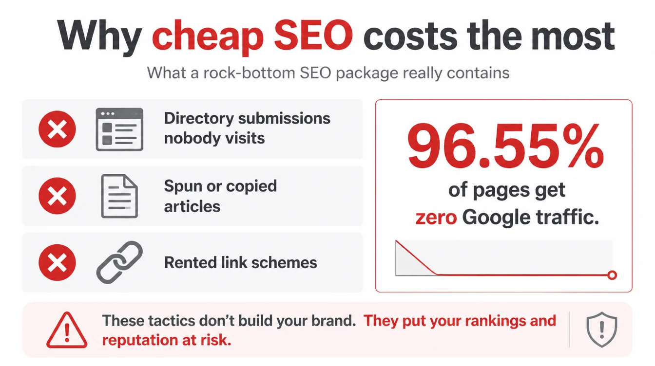 Infographic titled Why cheap SEO costs the most, listing directory submissions