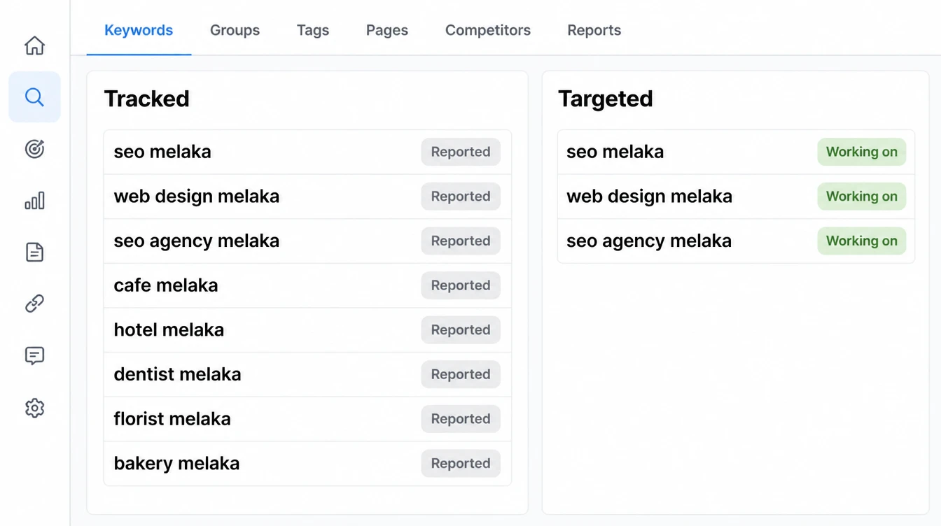 A keyword tracking screen listing terms, groups and competitors in columns