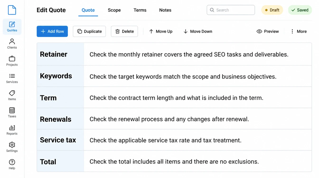 A quote comparison screen with tabs for scope, terms and notes, and rows ready to be filled in