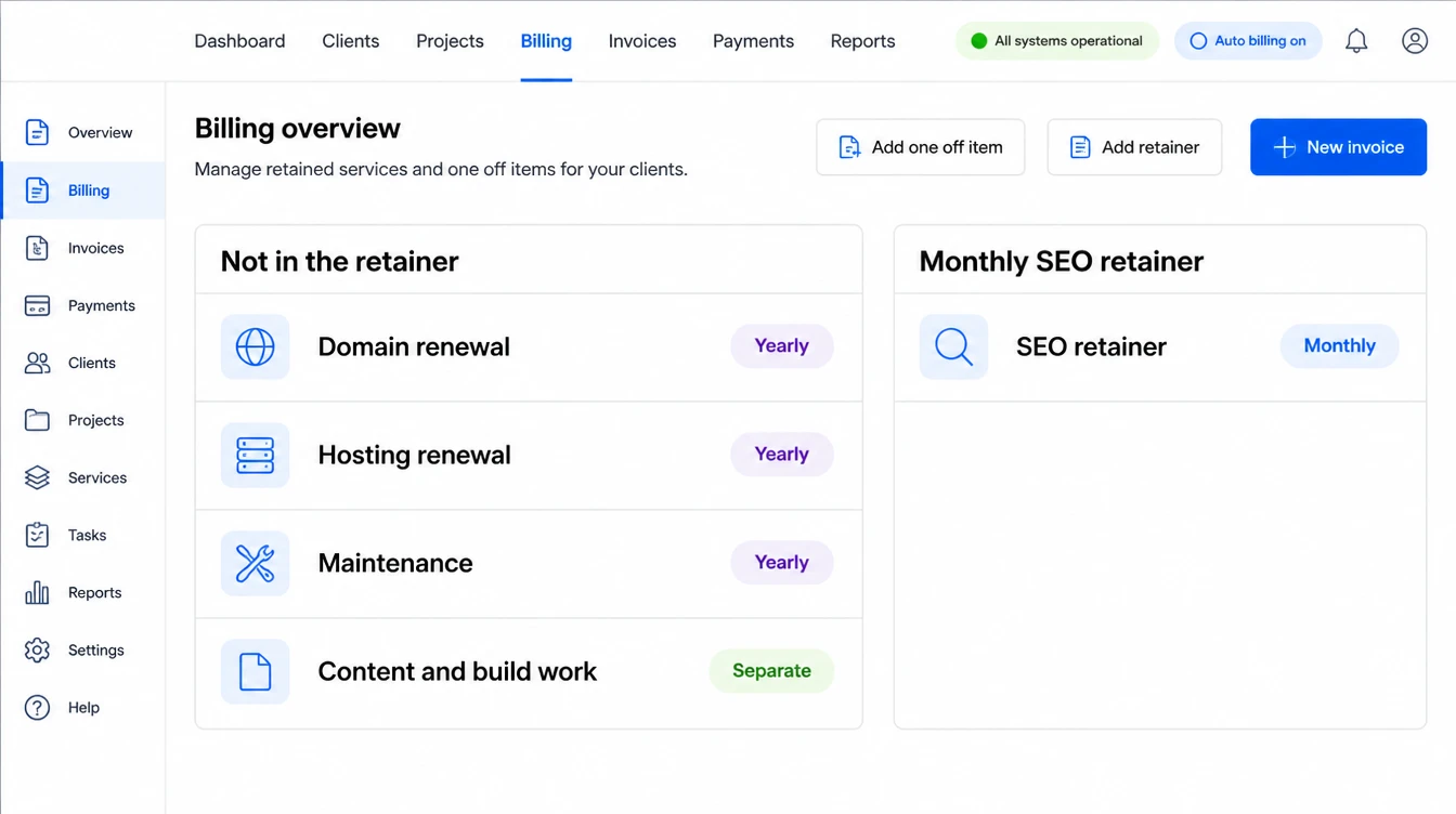 A billing dashboard with sections for invoices, payments, services and reports