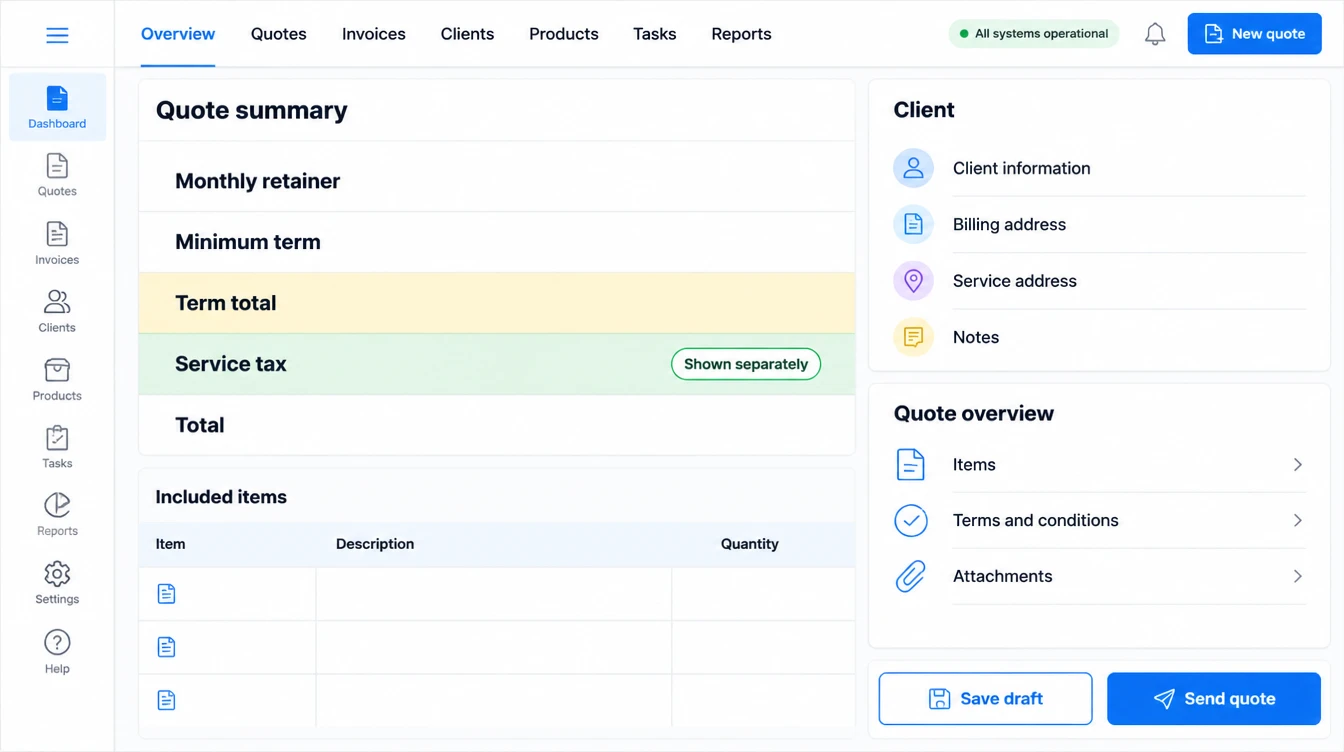 A quote summary screen with sections for terms, totals and notes