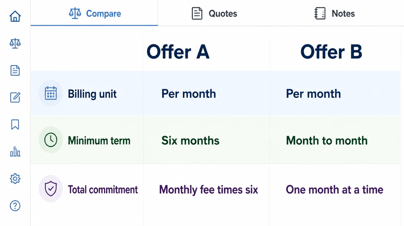 A comparison screen showing two offers with the same billing unit but different minimum terms and total commitments