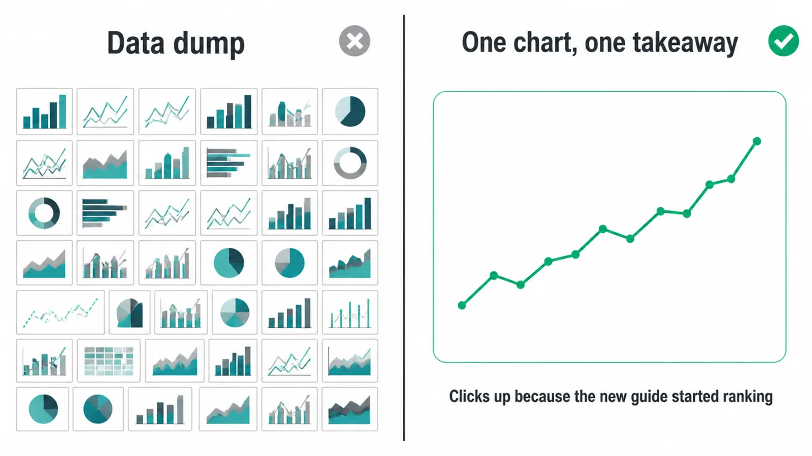 A cluttered wall of charts next to one clean chart with a plain takeaway.