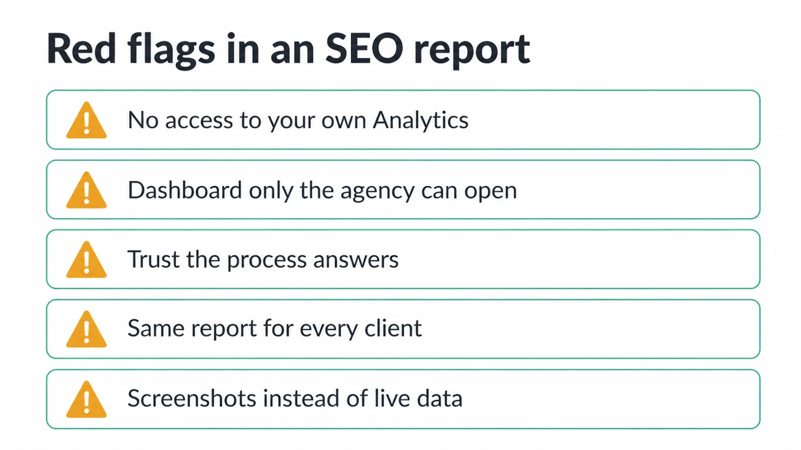Checklist of five red flags, from no access to your own analytics to screenshots instead of live data.