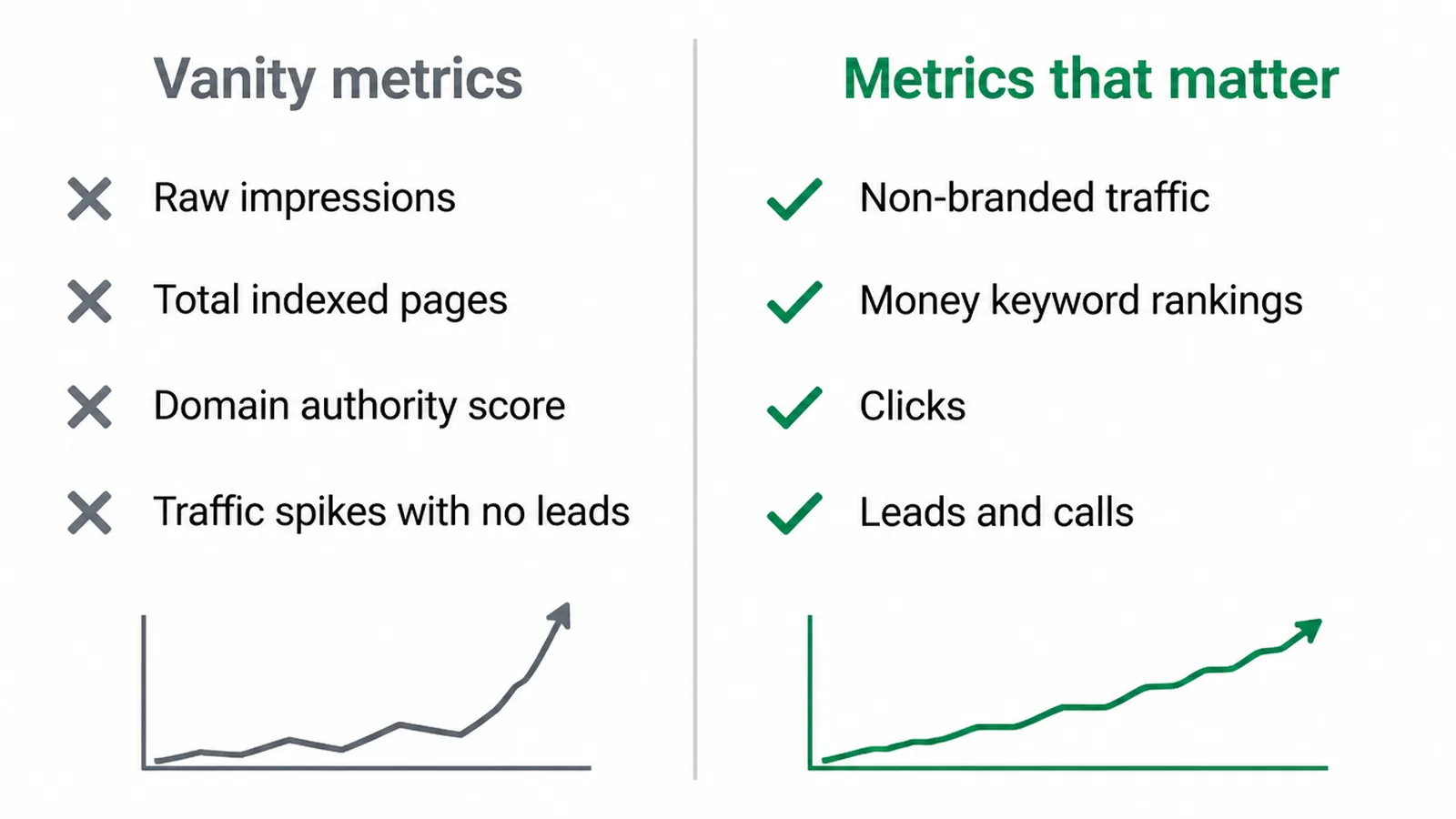 Four vanity metrics listed on the left against four metrics that matter on the right.