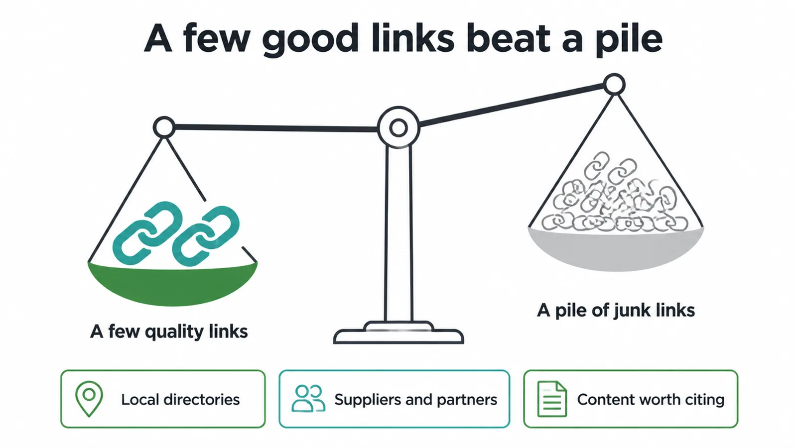 A balance scale showing a few quality links outweighing a pile of junk links.