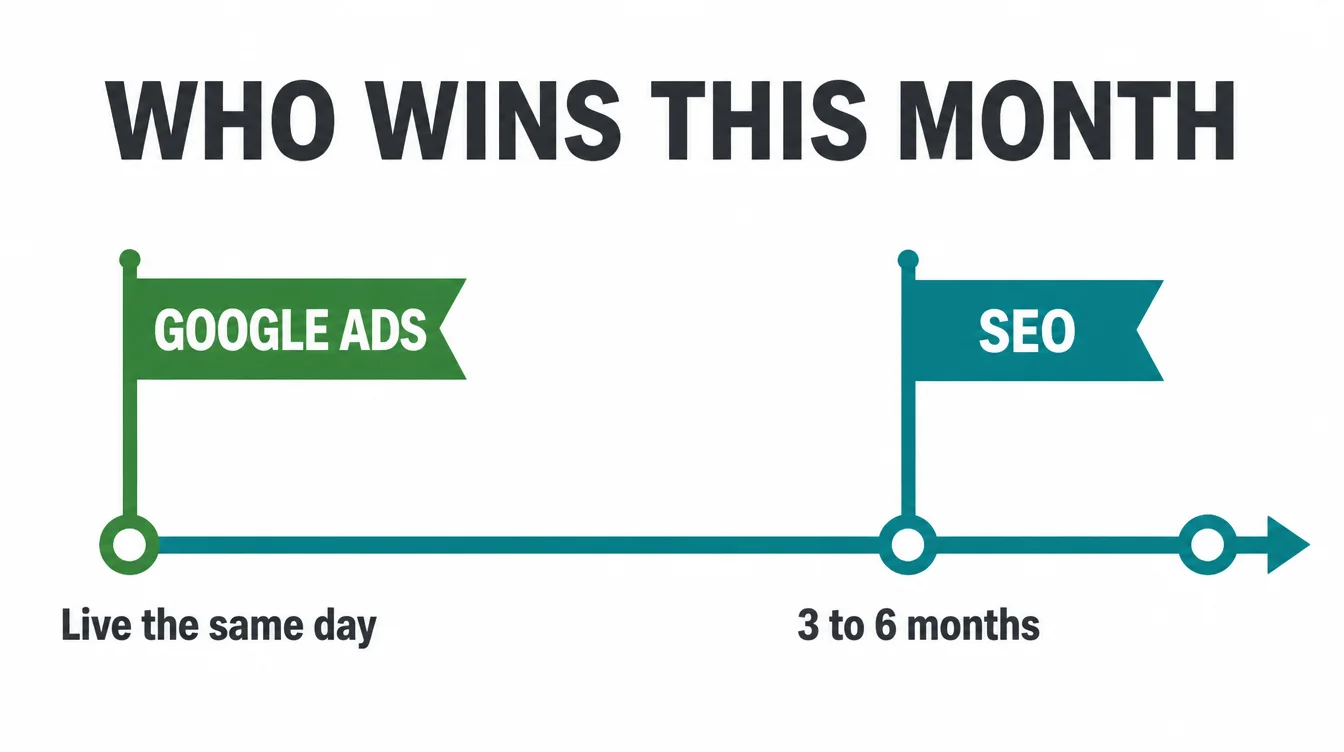 Timeline showing Google Ads live the same day compared with SEO taking three to six months.
