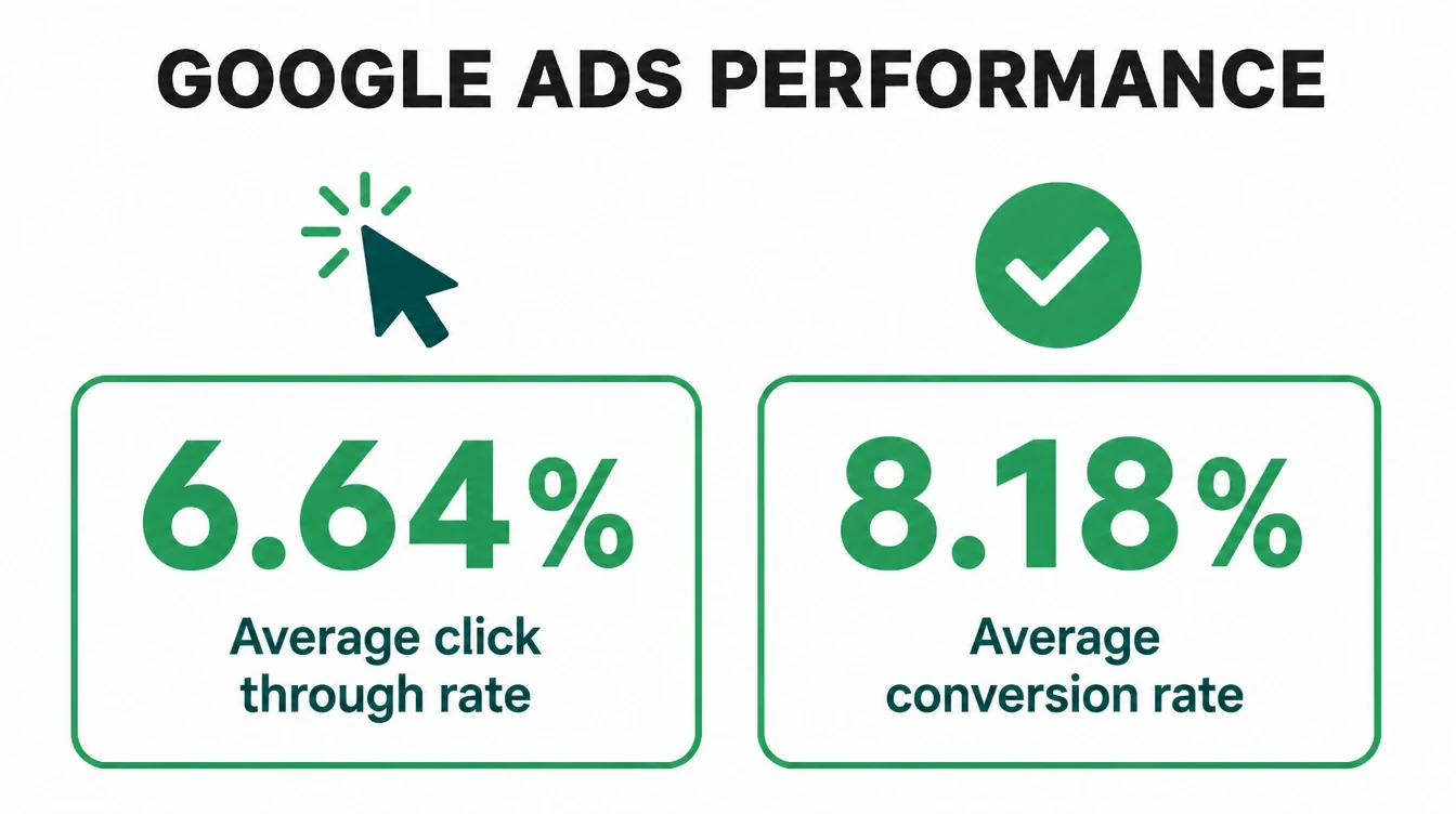 Two stat cards showing a 6.64% average click through rate and 8.18% average conversion rate for Google Ads.