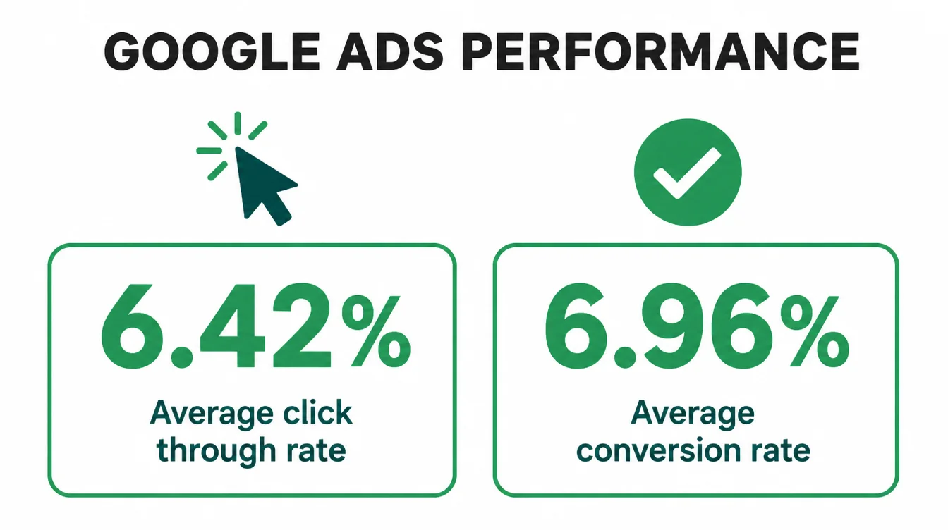 Two stat cards showing Google Ads average click through rate and average conversion rate.