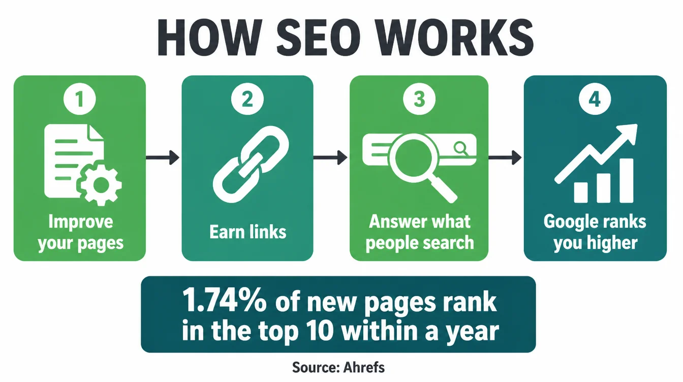 Four step flow diagram showing SEO steps