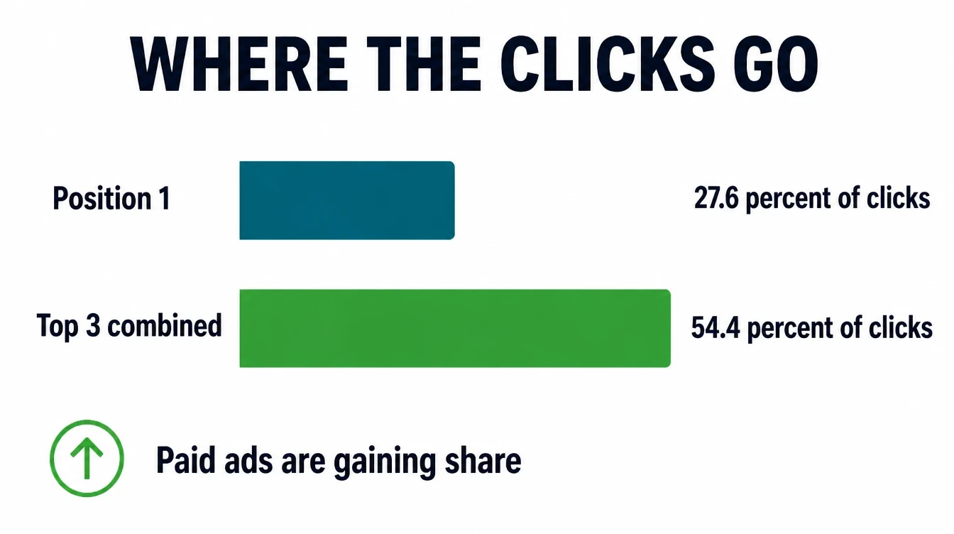 Bar chart showing Backlinko's pre-AI Overview click shares: 27.6% for the number one organic result and 54.4% for the top three combined.