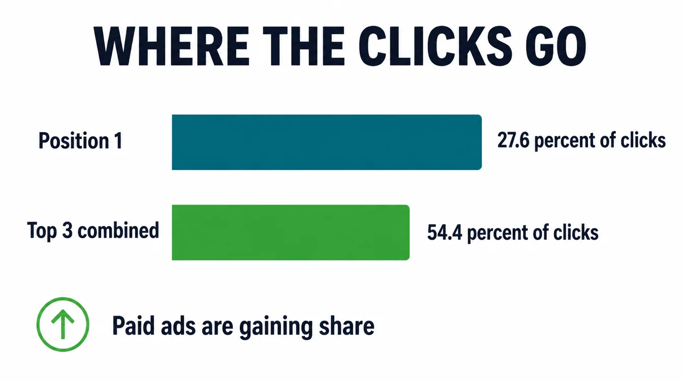 Bar chart showing the share of clicks going to the number one organic result and the top three results.