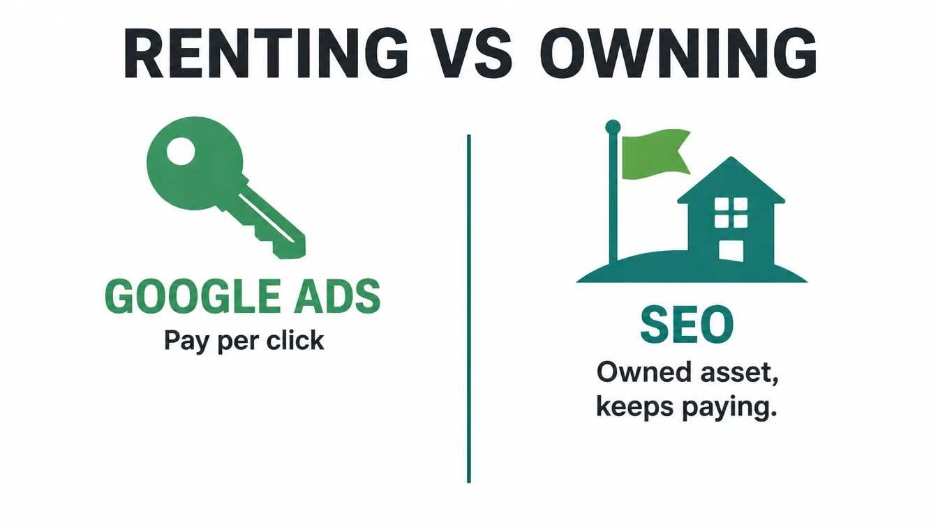 Diagram contrasting Google Ads pay per click cost with SEO as an owned asset that keeps paying.
