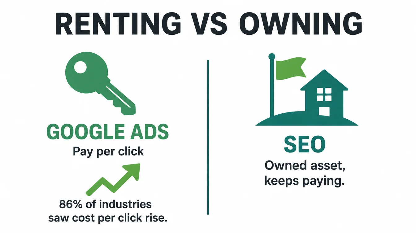 Diagram contrasting Google Ads pay per click cost with SEO as an owned asset that keeps paying.