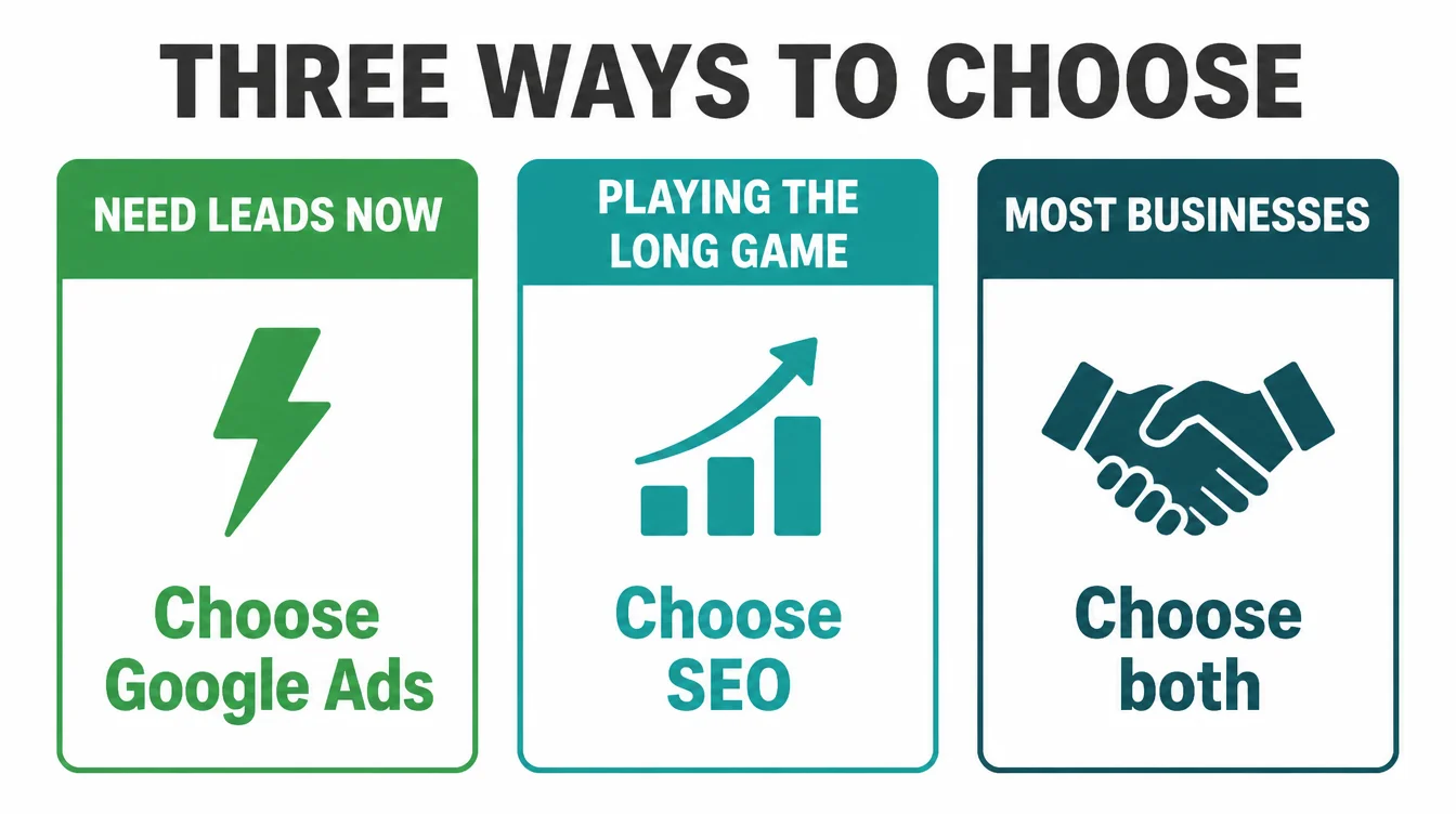 Three lane diagram showing when to choose Google Ads, when to choose SEO, and when most businesses choose both.