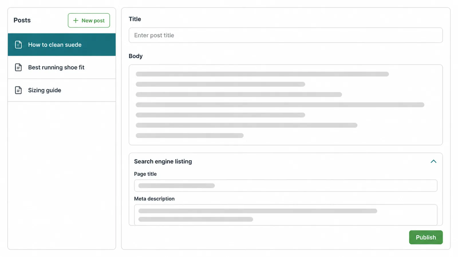 Mockup of a blog post editor with a search engine listing panel below it