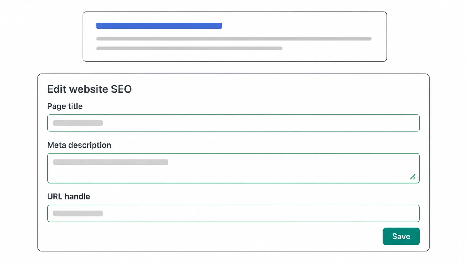 Mockup of a store admin panel for editing a page title and meta description