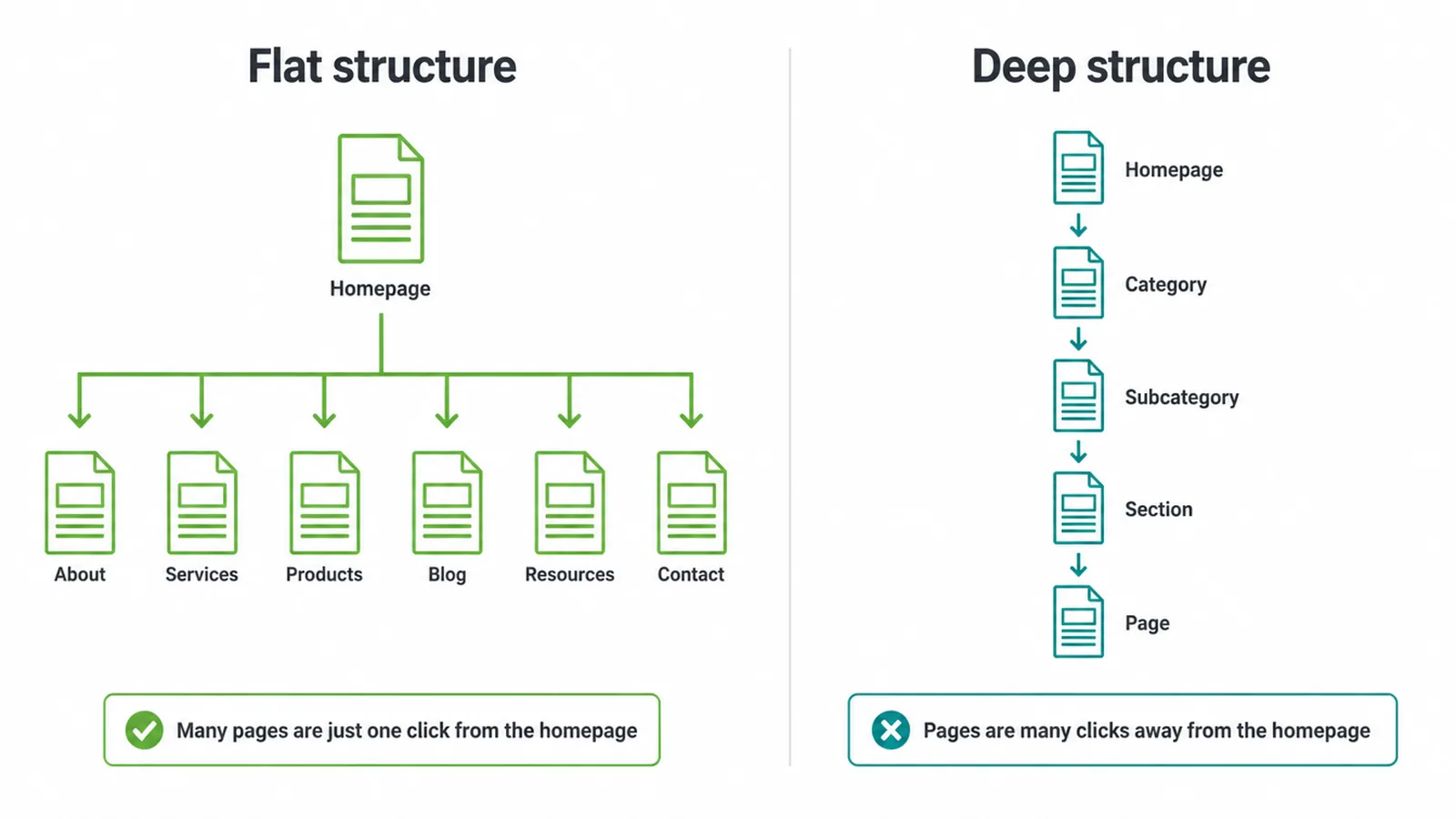 A flat structure with pages one click from home beside a deep structure with many stacked levels.