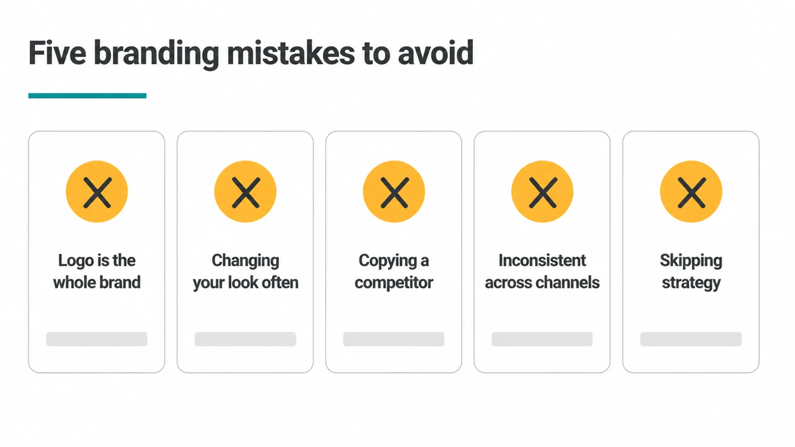 Five cards showing common small business branding mistakes, each marked with a cross.