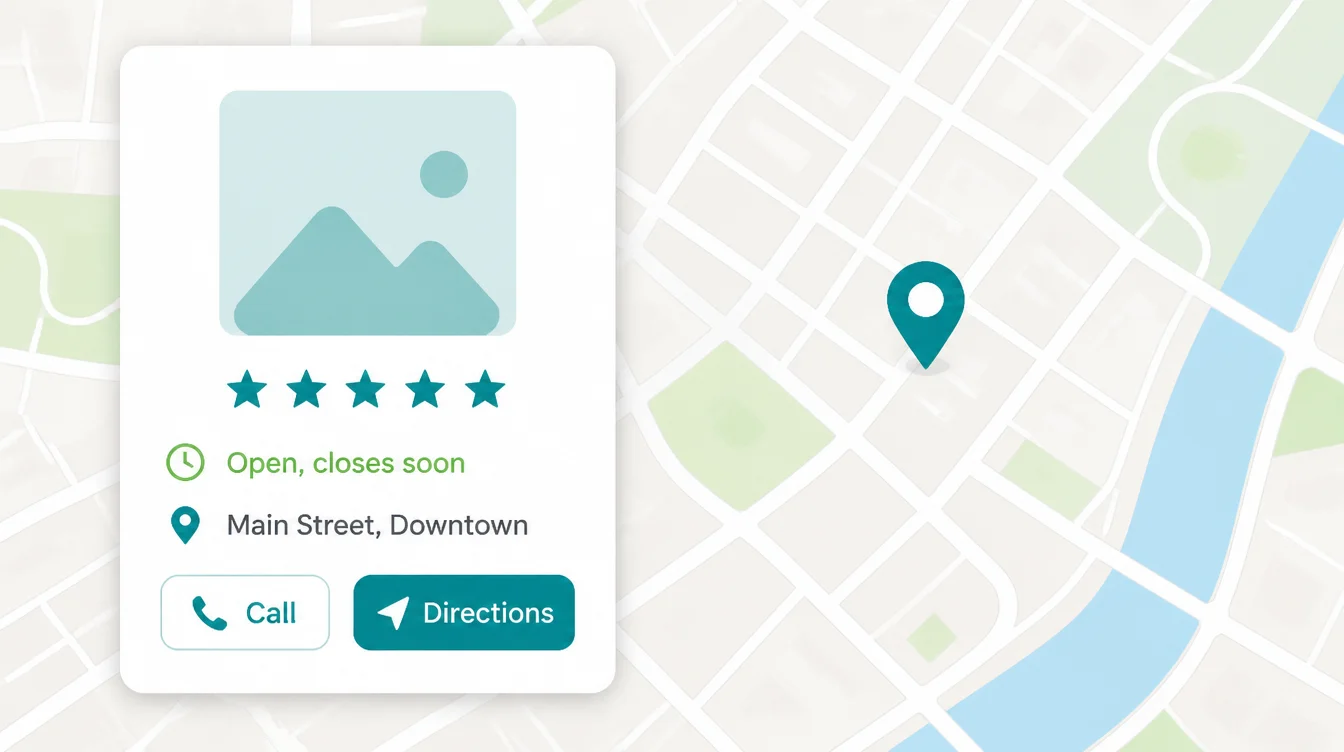 Mockup of a complete local business profile card with photo, star rating, hours, address, call and directions buttons.