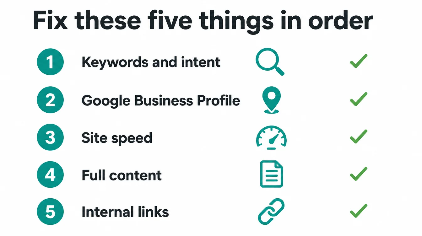Numbered checklist infographic listing five SEO fixes in order