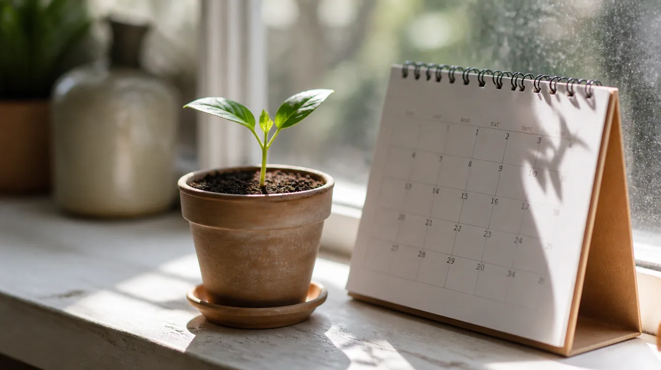 A small seedling in a pot next to a paper calendar on a sunlit windowsill.