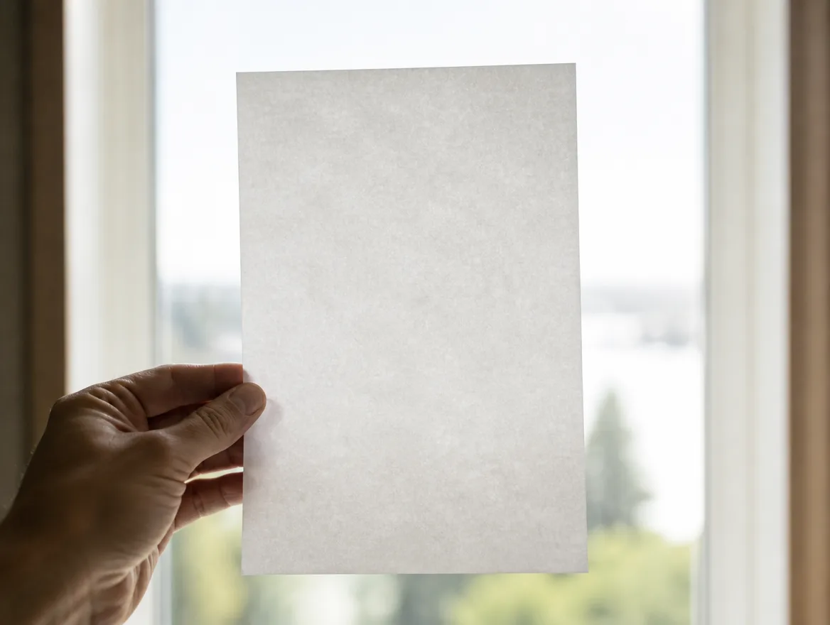 A single thin sheet of paper held up to a bright window, the light showing straight through it.