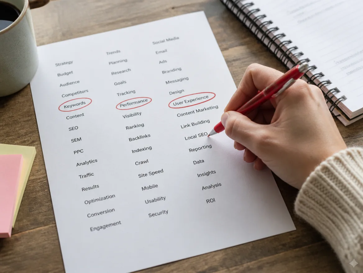 A hand circling words on a printed keyword list with a red pen on a wooden desk.