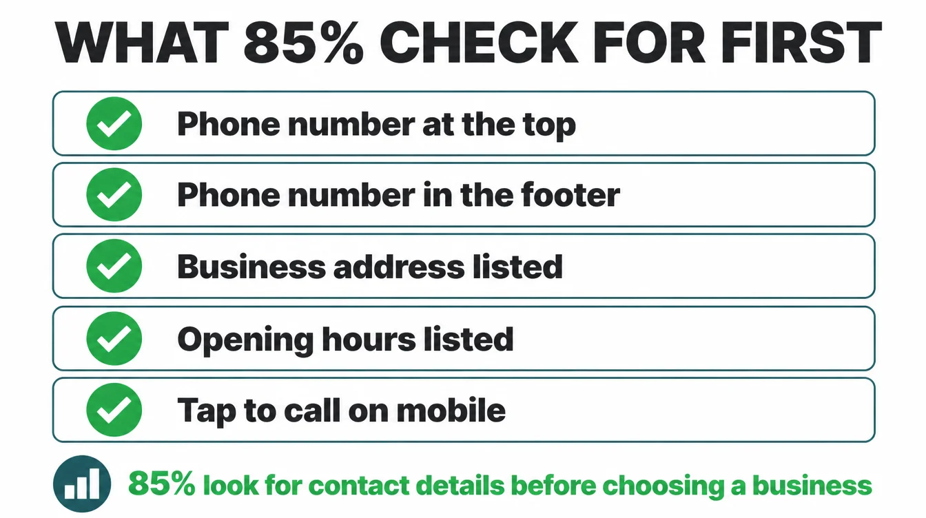 Checklist infographic showing what 85 percent of people check for first: phone number at the top