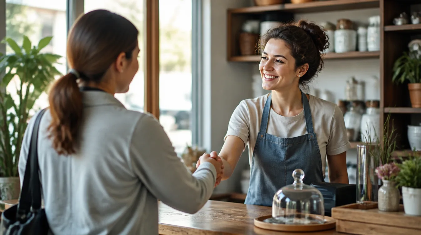 A customer being warmly greeted at a small business counter.