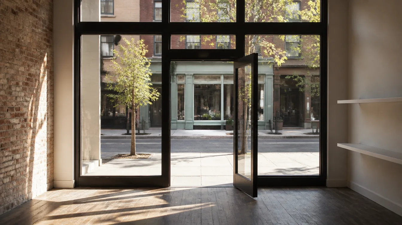 An empty storefront doorway shot from inside looking out to the street.