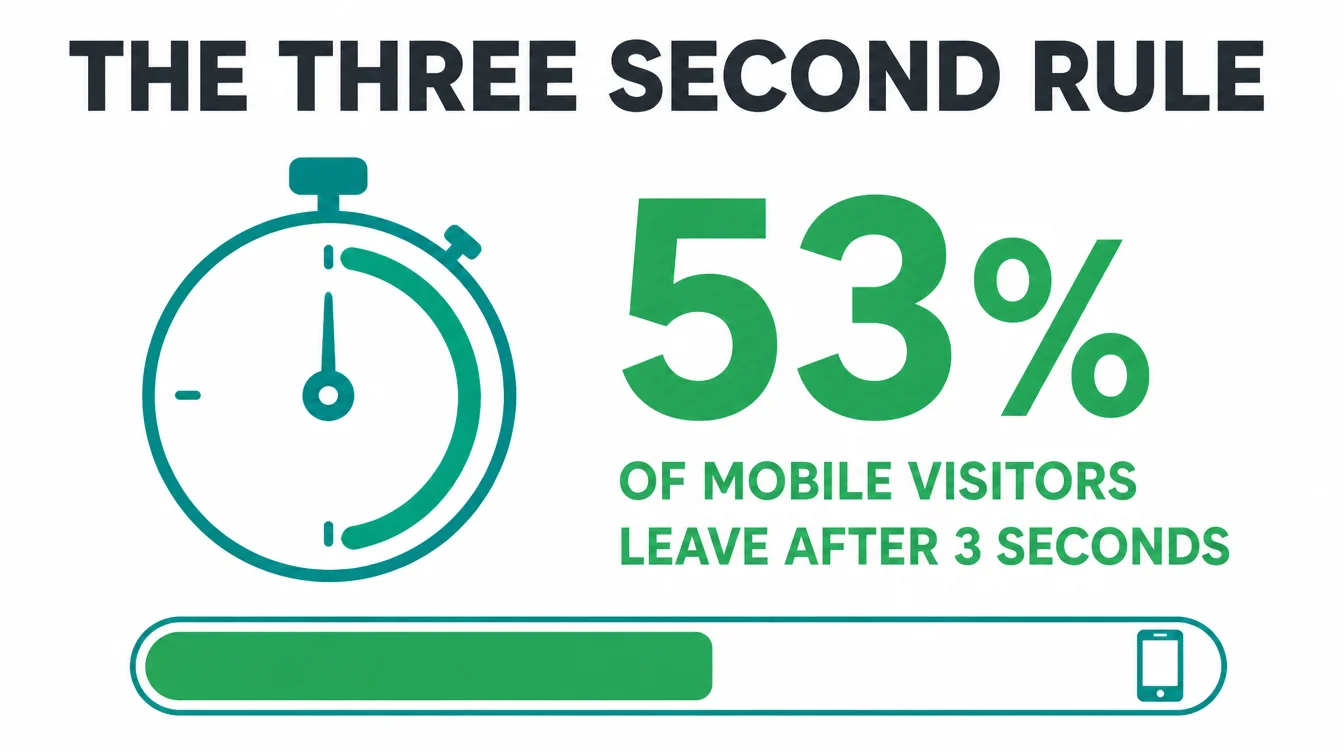 Infographic showing 53 percent of mobile visitors leave a page after 3 seconds of loading.