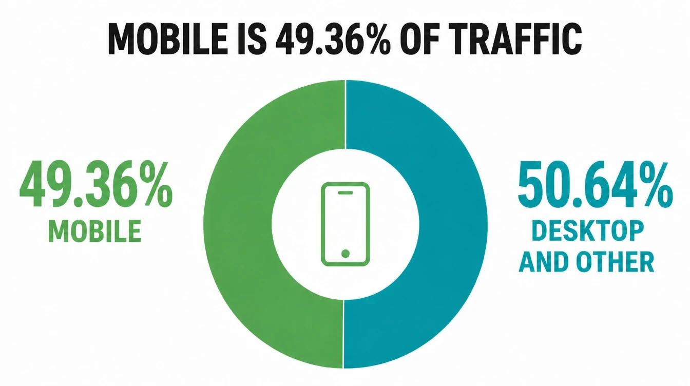 Donut chart showing 49.36% mobile traffic and 50.64% desktop and other traffic.