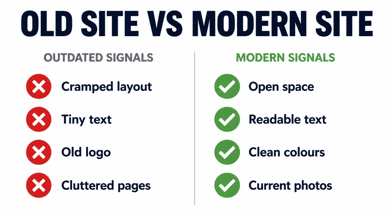 Checklist infographic titled Old Site vs Modern Site, listing outdated signals like cramped layout and tiny text against