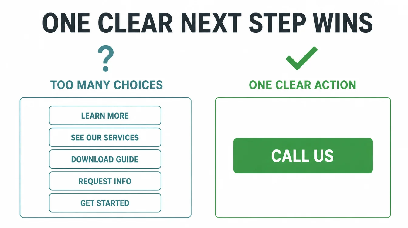 Comparison of a page with five competing buttons against a page with one clear call us button.