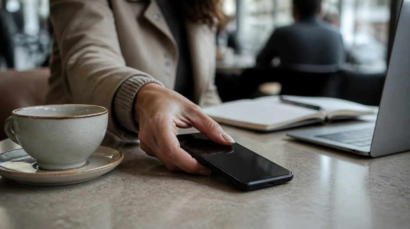 A hand setting down a smartphone on a cafe table, walking away mid-task.