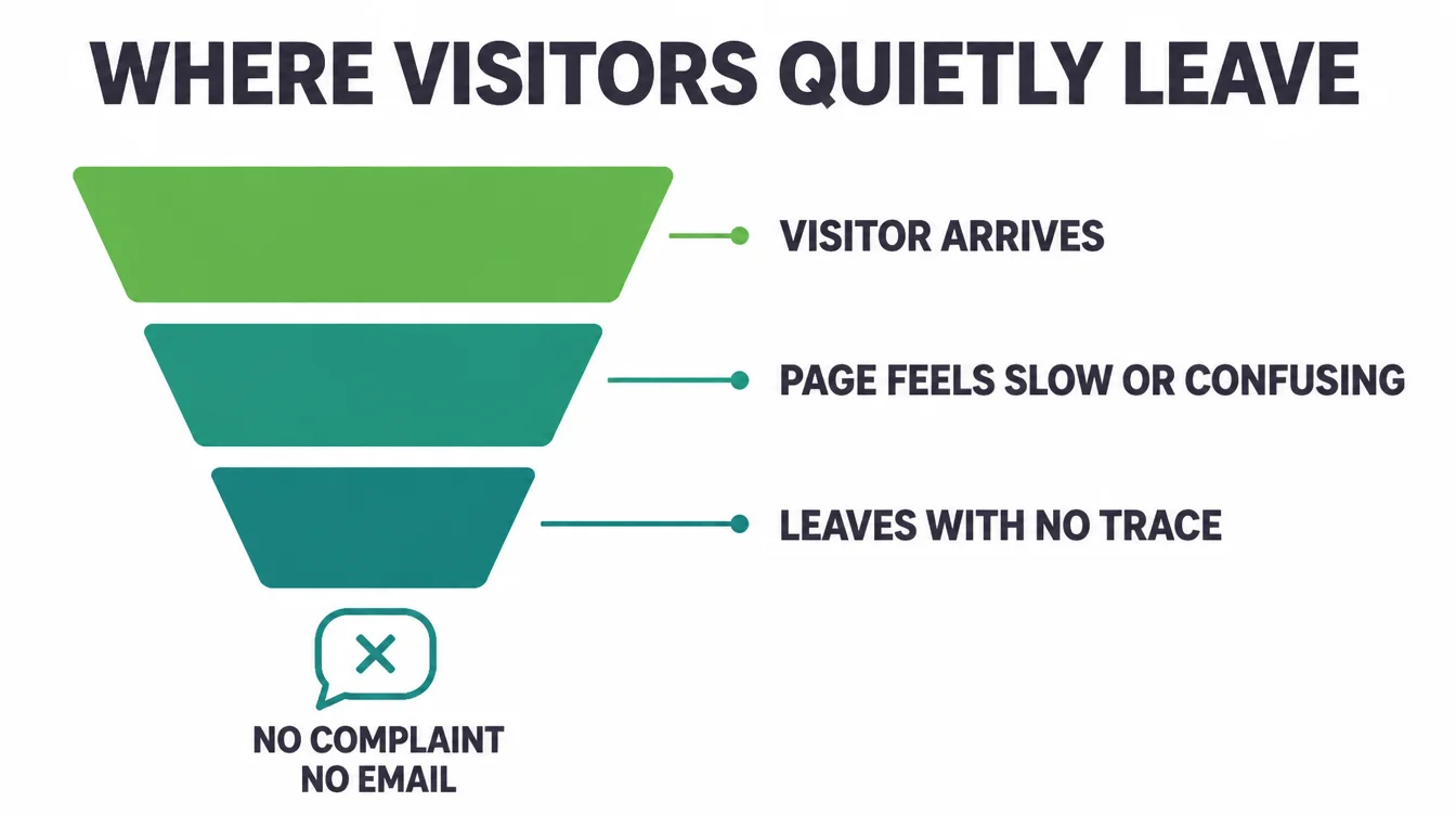 Infographic funnel showing a visitor arriving, finding the page slow or confusing, and leaving with no trace.