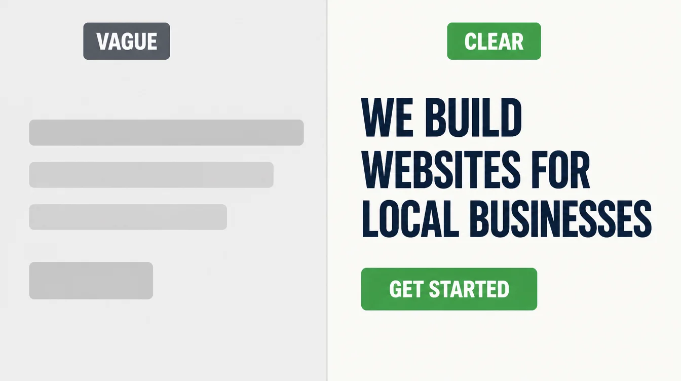 Two flat comparison cards: a vague card with grey placeholder text bars