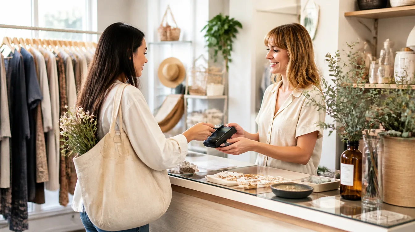 A bright tidy boutique with a customer paying at the counter in daylight.