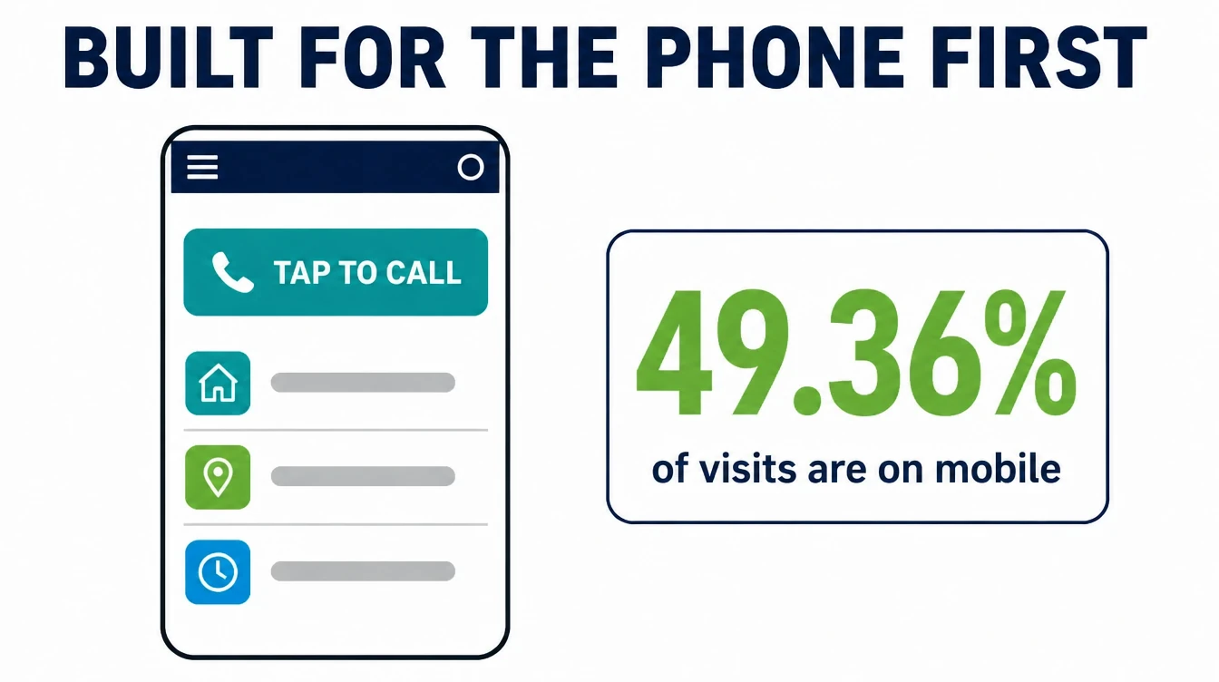 Phone first website mockup stating 49.36% of visits are on mobile beside a tap to call button.