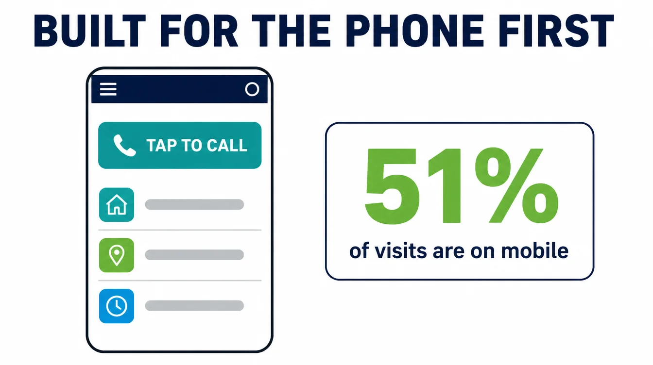 A flat diagram of a phone-first website mockup with a large tap to call button above a simple menu