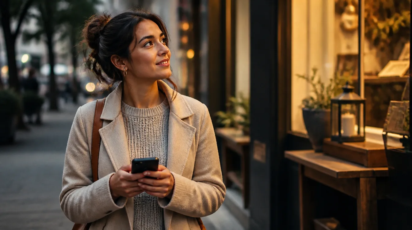 A customer outdoors holding a phone while glancing up at a small storefront.