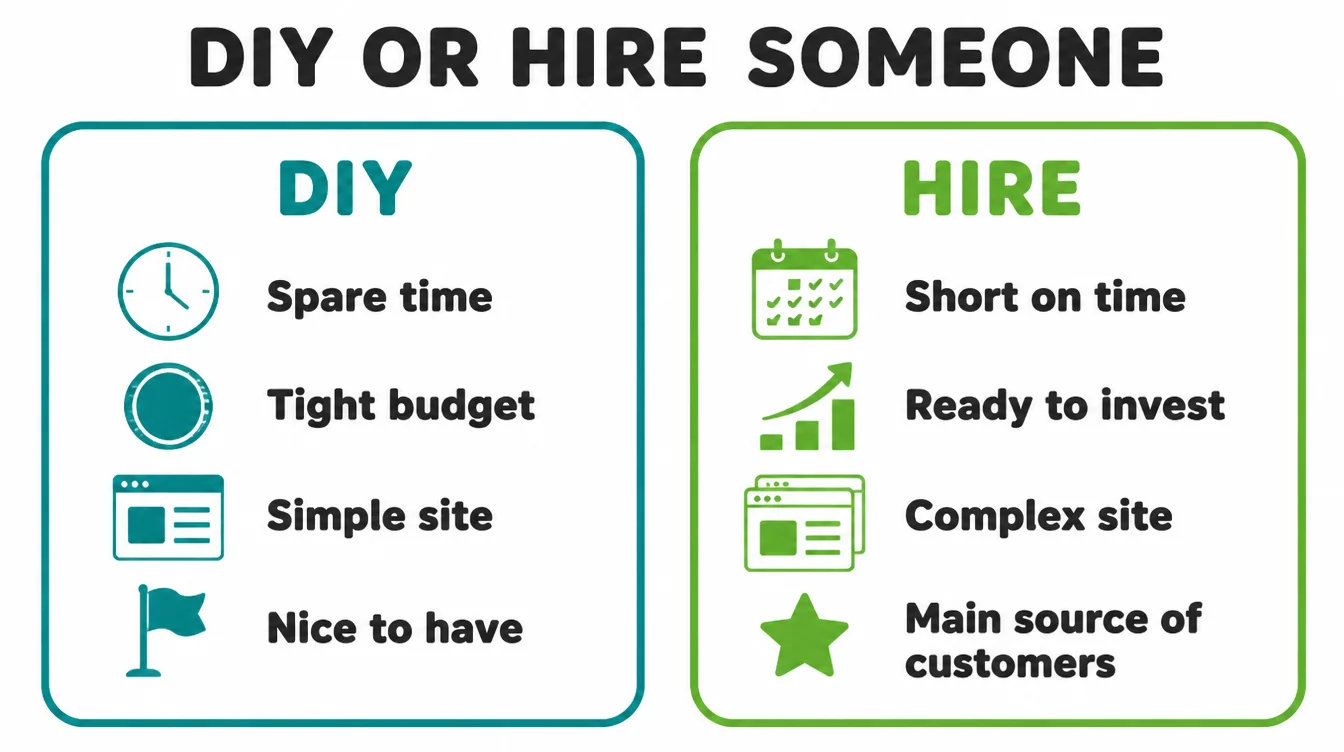 Two comparison cards, DIY versus hire, each listing time, budget, site complexity, and how much the site must earn.